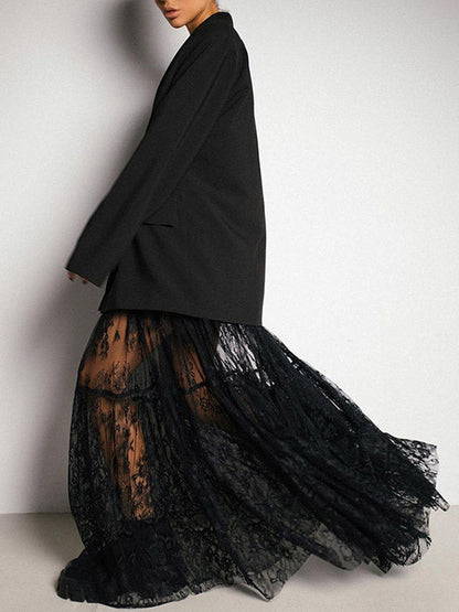 A-Line High Waisted Gauze Pleated See-Through Split-Joint Skirts