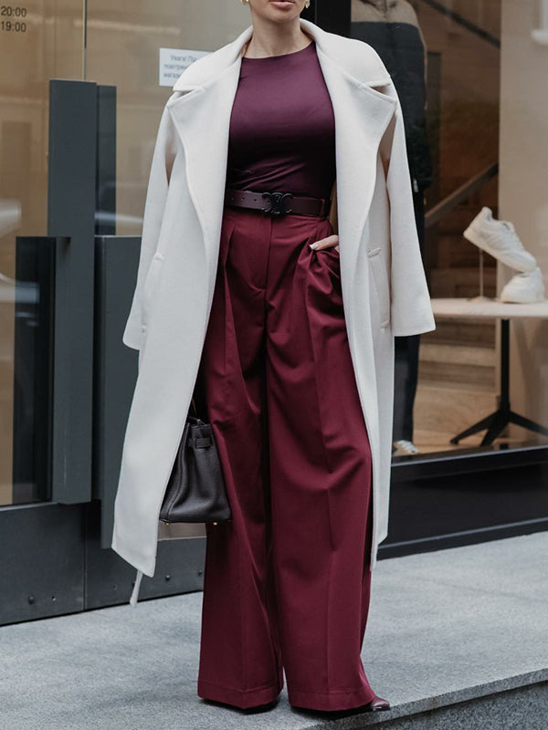 Pantalon de costume taille haute ample plissé de couleur unie à joint fendu 