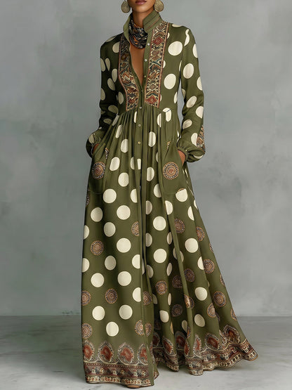 Polka-Dot Pockets Pleated Contrast Color Buttoned Big Hemline Puff Sleeves Loose Stand Collar Maxi Dresses