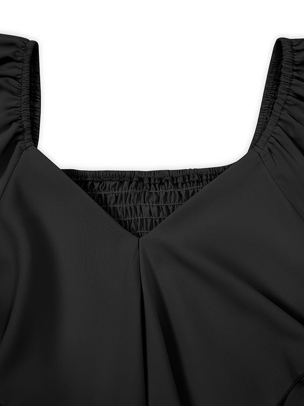 Mini-robes à manches évasées, manches mi-longues, élastiques, volants, couleur unie, fendues, taille nouée, col en V 