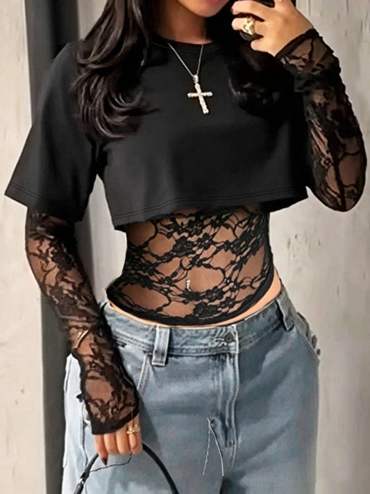 Split-Joint Solid Color Long Sleeves False Two Round-neck Blouses&shirts Tops