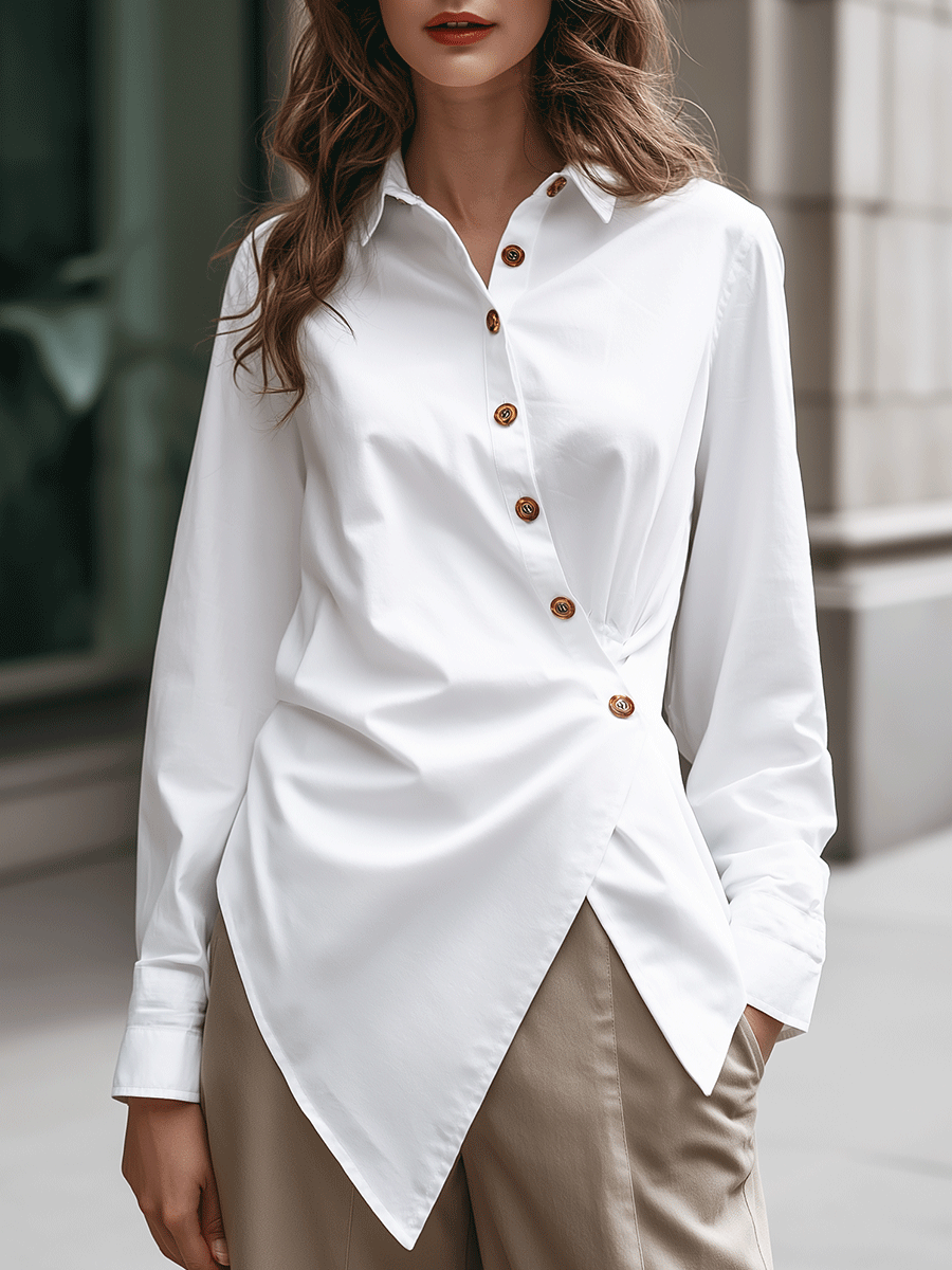 Long Sleeves Loose Asymmetric Buttoned Solid Color Split-Front Lapel Blouses&Shirts Tops
