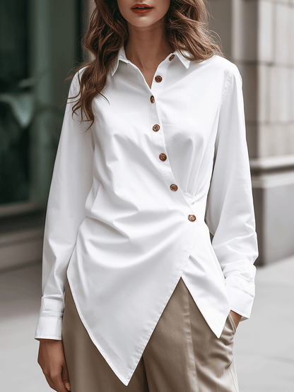 Long Sleeves Loose Asymmetric Buttoned Solid Color Split-Front Lapel Blouses&Shirts Tops