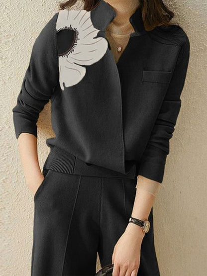 Long Sleeves Loose Asymmetric Floral Printed Split-Joint Lapel Cardigan Tops