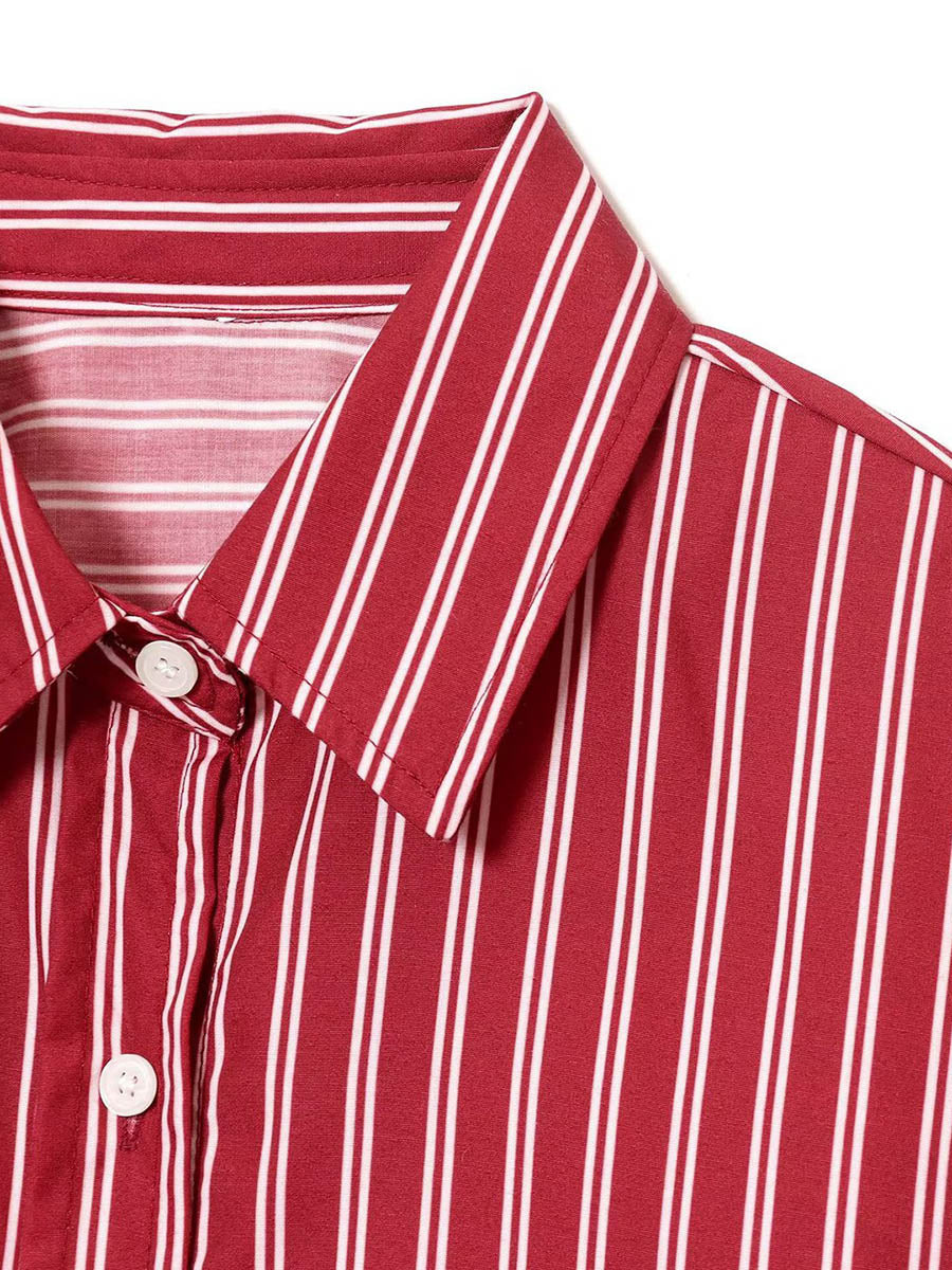Striped Contrast Color Buttoned Loose Long Sleeves Lapel Blouses&shirts Tops