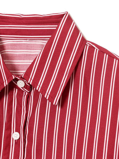 Striped Contrast Color Buttoned Loose Long Sleeves Lapel Blouses&shirts Tops