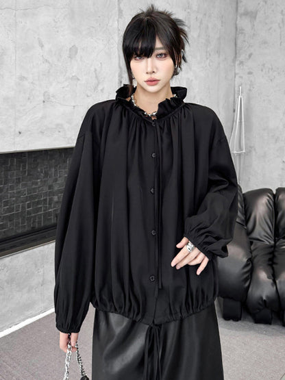 Long Sleeves Loose Drawstring Pleated Pullover Design Solid Color Lace Collar Blouses&Shirts Tops