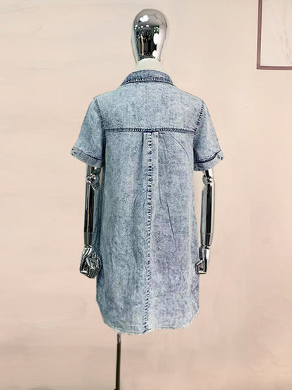 A-Line Loose Fringed Pleated Pockets Split-Joint Lapel Mini Dresses