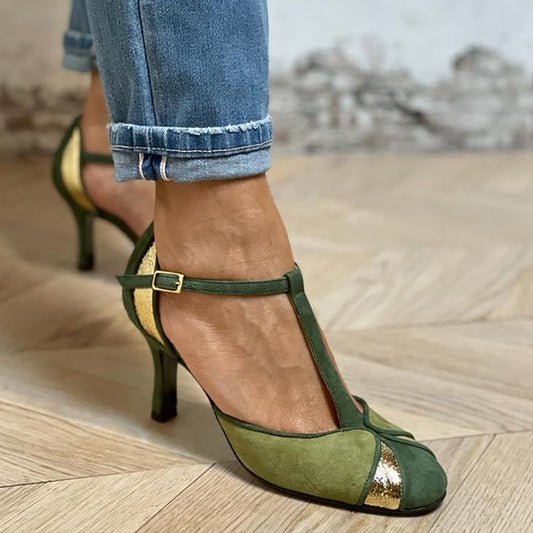 Taviana™ | Patchwork Heels with T-Strap and Closed Toe