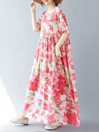 A-line Batwing Sleeves Flower Print Pleated Split-Joint Round-neck Midi Dresses