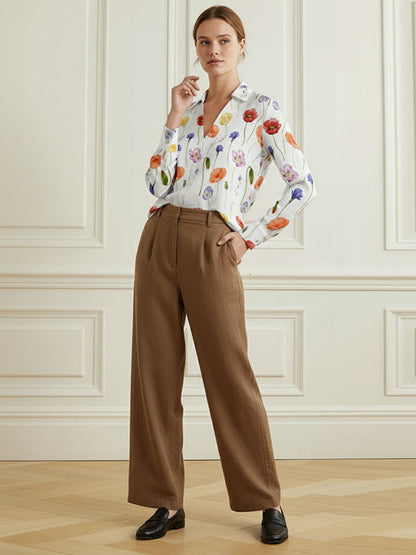 Long Sleeves Flower Print V-Neck Blouses&Shirts Tops