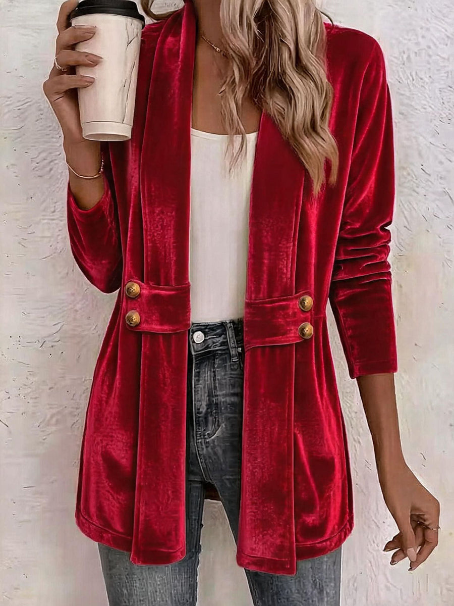 Velvet Solid Color Buttoned Loose Long Sleeves Collarless Outerwear