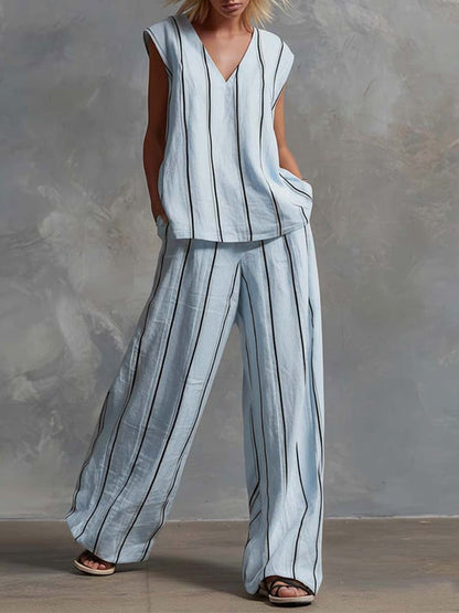 High Waisted Wide Leg Contrast Color Pockets Striped Pants Trousers