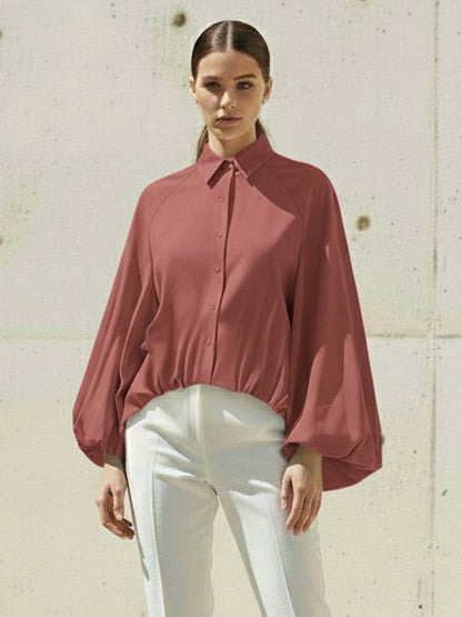 High-Low Puff Sleeves Buttoned Solid Color Split-Joint Lapel Blouses