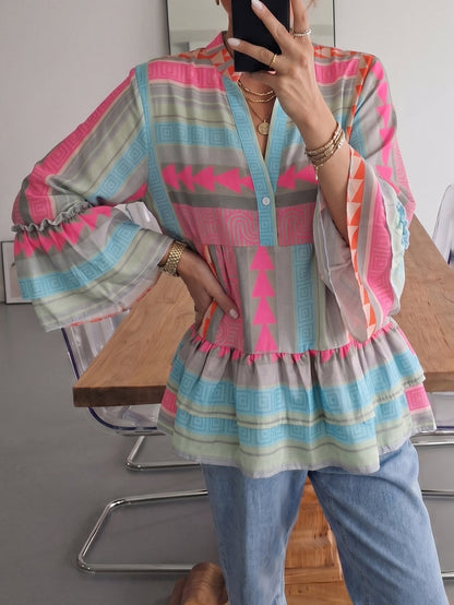 Flared Sleeves Long Sleeves Buttoned Contrast Color Pleated Printed Ruffle Trim Split-Joint V-Neck Blouses&Shirts Tops