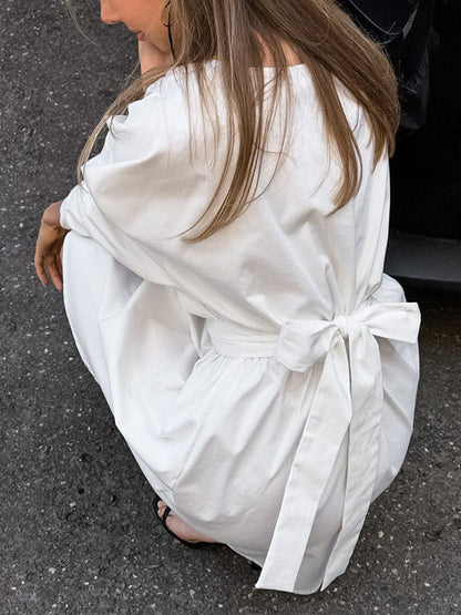 Long Sleeves Loose Pleated Solid Color Split-Joint Tied Waist V-Neck Mini Dresses Shirt Dress