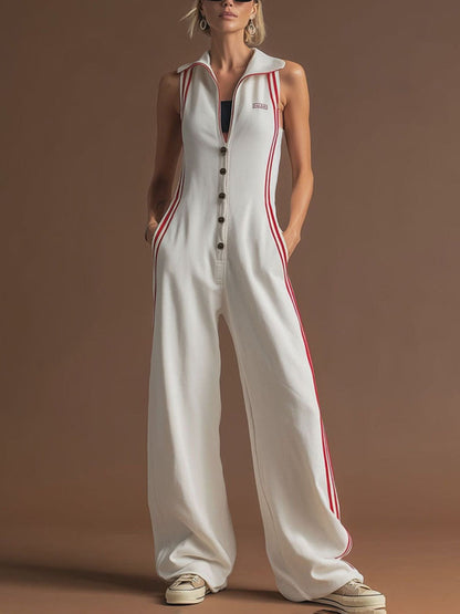 Loose Sleeveless Buttoned Pockets Striped Lapel Jumpsuits
