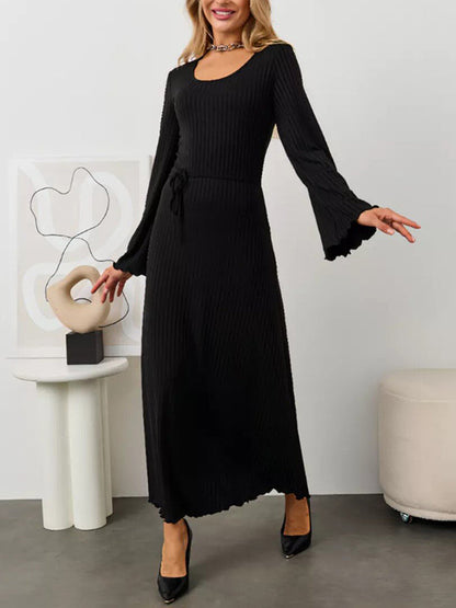 Long Sleeves Pleated Ruffled Solid Color Split-Joint Round-Neck Maxi Dresses