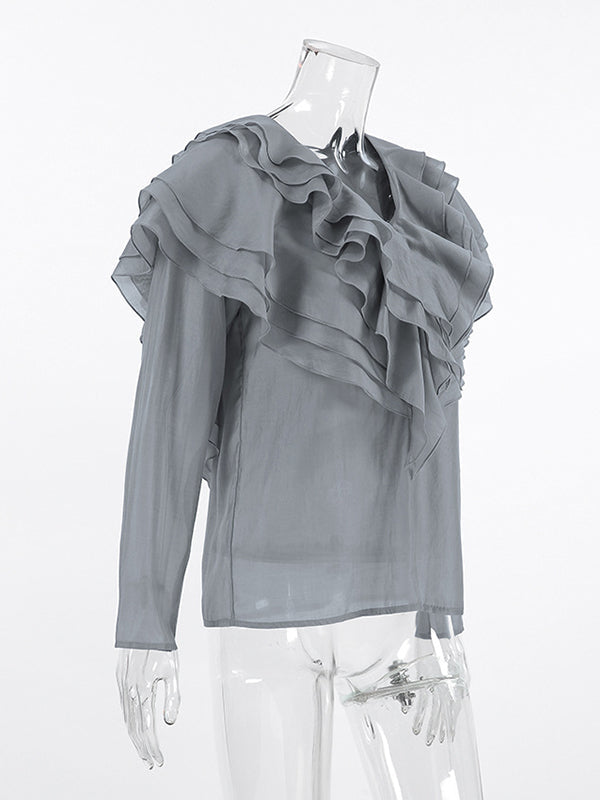 Long Sleeves Backless Ruffled Solid Color V-Neck Blouses&Shirts Tops