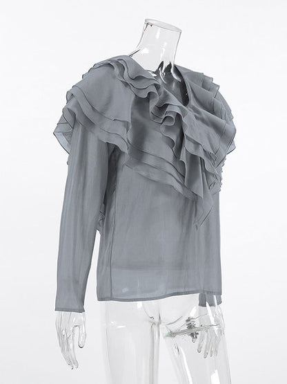 Long Sleeves Backless Ruffled Solid Color V-Neck Blouses&Shirts Tops