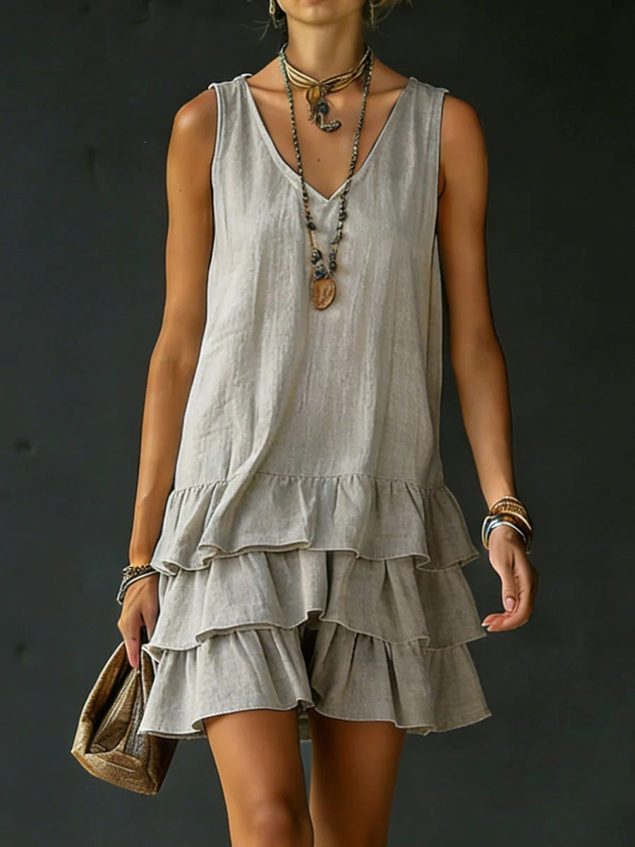 Loose Sleeveless Layered Solid Color V-Neck Mini Dresses