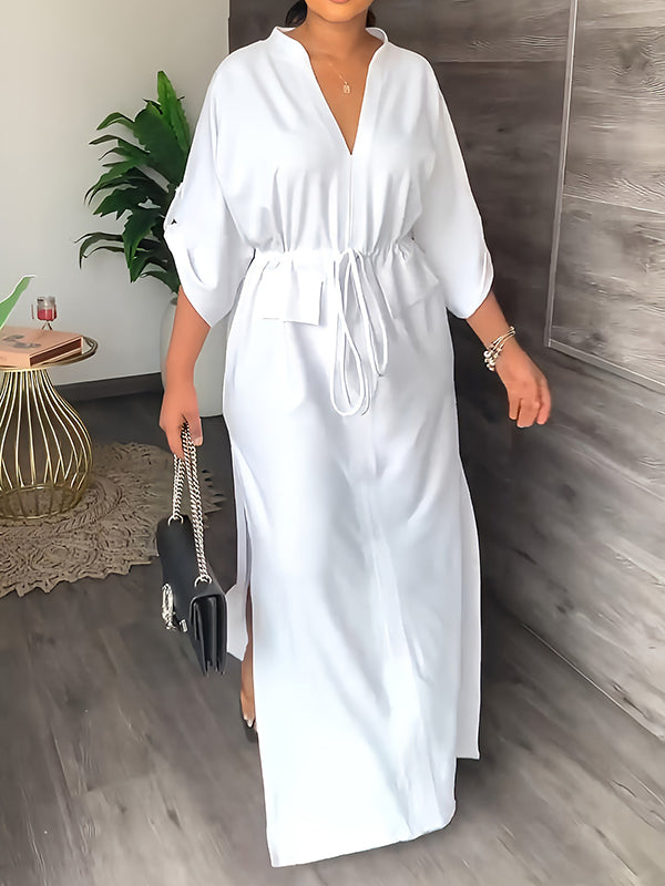Robe longue ample à col en V et cordon de serrage, couleur unie 