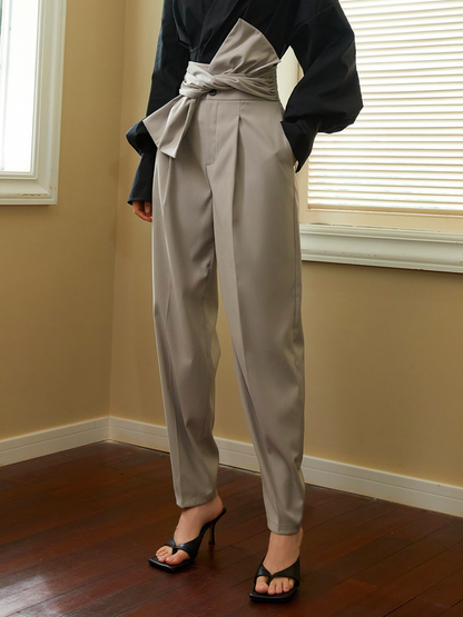 High Waisted Buttoned Pleated Pockets Solid Color Pants Trousers