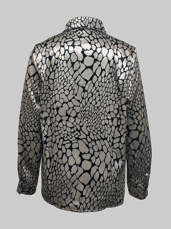 Long Sleeves Loose Buttoned Contrast Color Snakeskin Printed Lapel Blouses&Shirts Tops