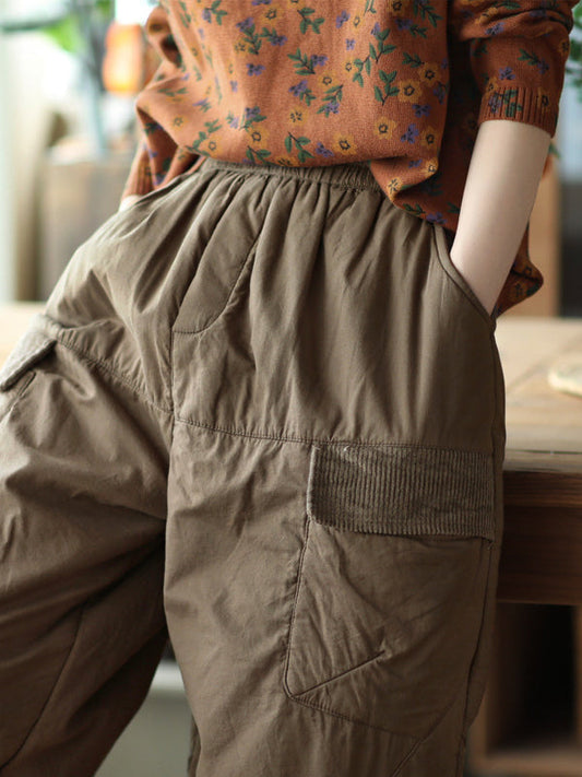 Vintage Loose Split-Joint Solid Color Elastic Waist Padded Harem Pants