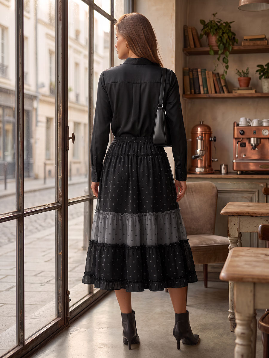 Split-Joint Ruffle Trim Polka-Dot Elasticity Contrast Color Loose A-line Skirts