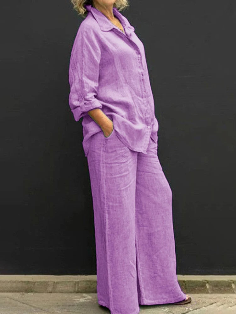 Petra | Women's 2 Piece Set Long Sleeve Shirt Wide Leg Pants