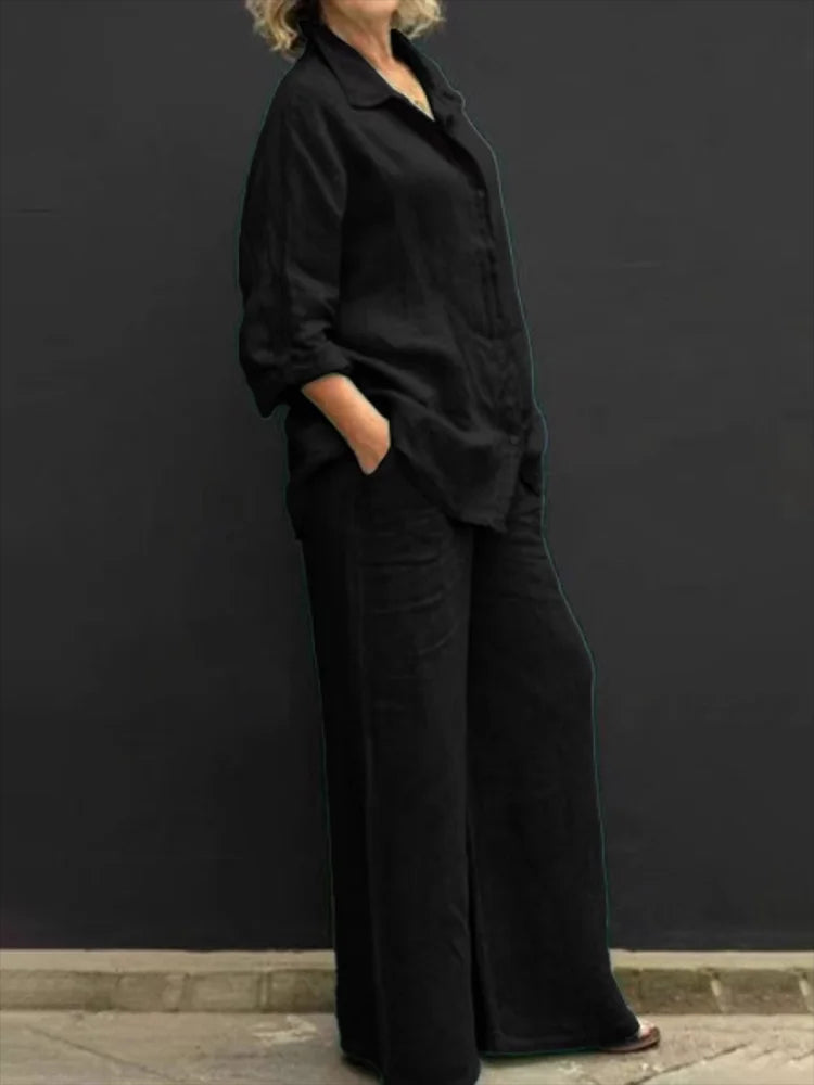 Petra | Women's 2 Piece Set Long Sleeve Shirt Wide Leg Pants