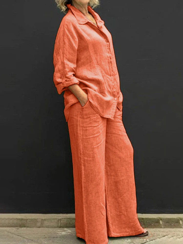 Petra | Women's 2 Piece Set Long Sleeve Shirt Wide Leg Pants