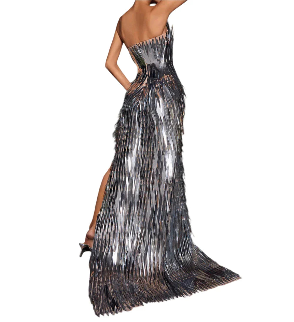 DOM Strapless Silver Maxi Bodycon Dress