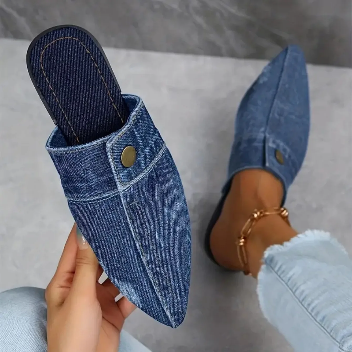 Sofia | Women's Pointed Toe Denim Mule Slip-On Flat Slides