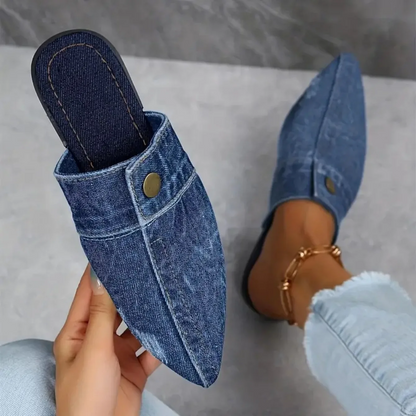 Sofia | Women's Pointed Toe Denim Mule Slip-On Flat Slides