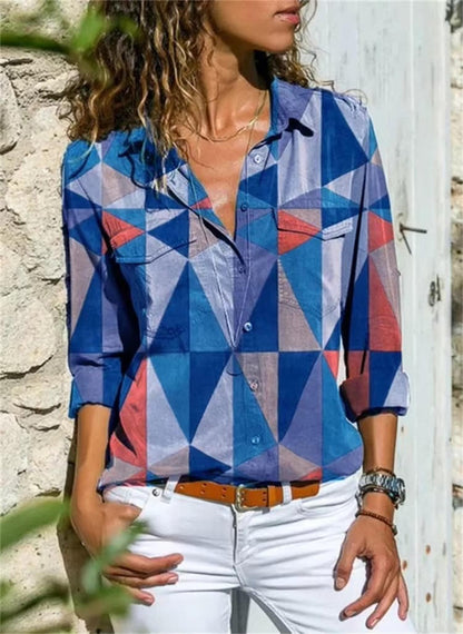 Petra | Women's Geometric Print Long Sleeve Button Down Shirt