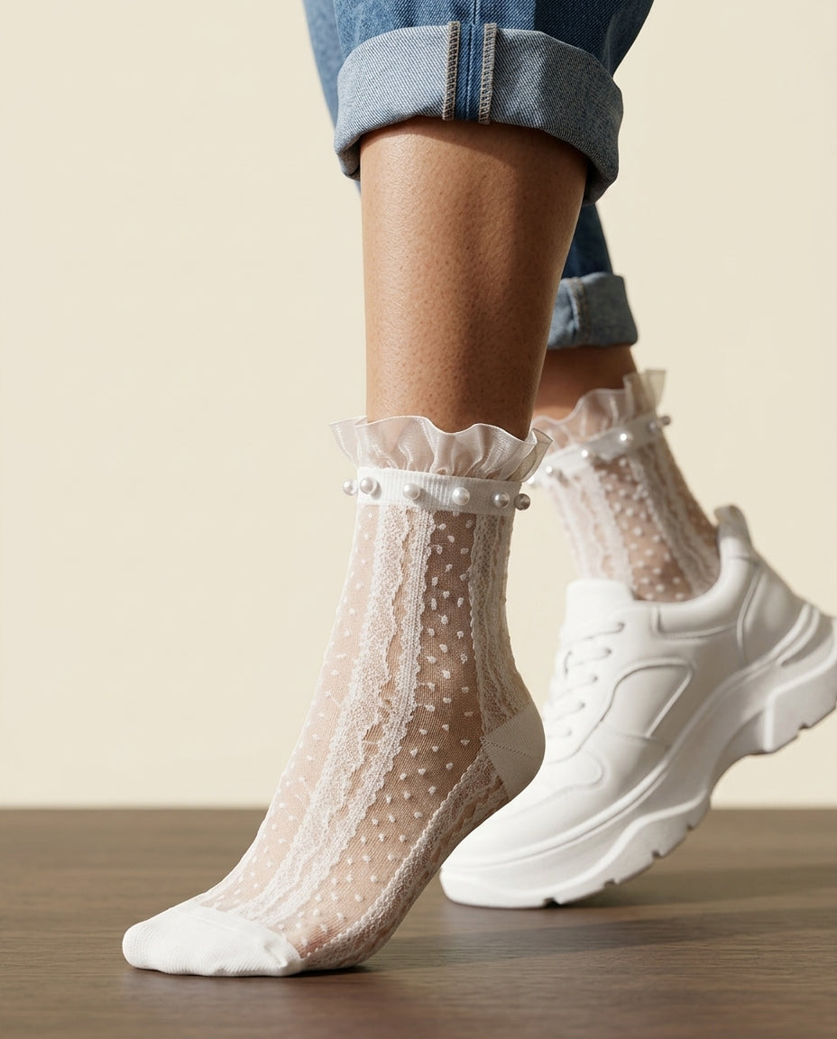 Chantilly Pearl Lace Crew Socks