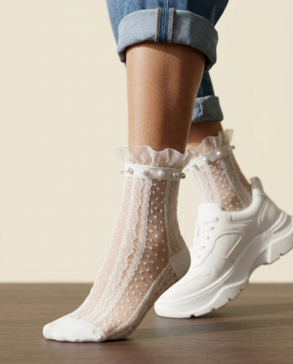 Chantilly Pearl Lace Crew Socks