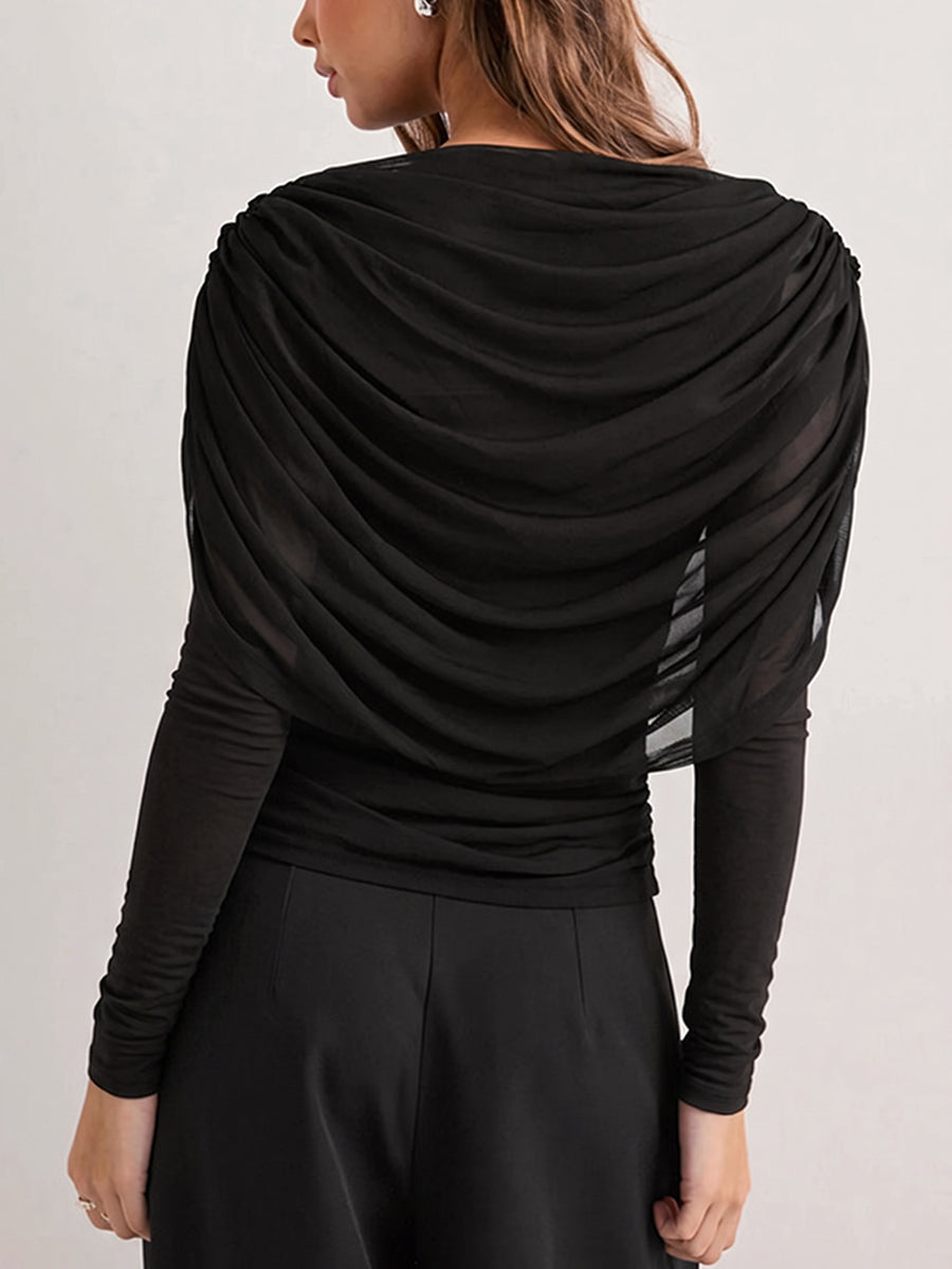 Solid Color See-Through Ruched Skinny Long Sleeves Heaps Collar Blouses&shirts Tops