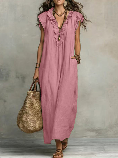 Loose Plus Size Pockets Ruffle Trim Solid Color V-Neck Maxi Dresses