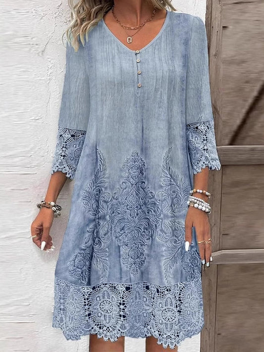 A-Line Long Sleeves Flower-Embellished Buttoned Contrast Color Split-Joint V-Neck Midi Dresses