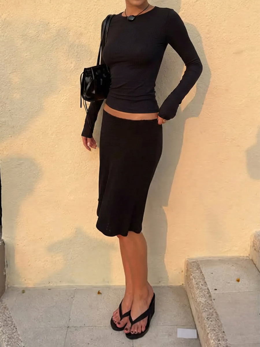 Solid Color Long Sleeves Bodycon Round-neck Two Pieces Set