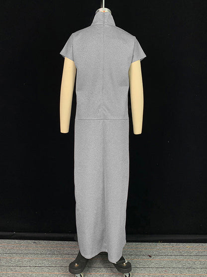 Robe longue ample à manches courtes et col montant, couleur unie 