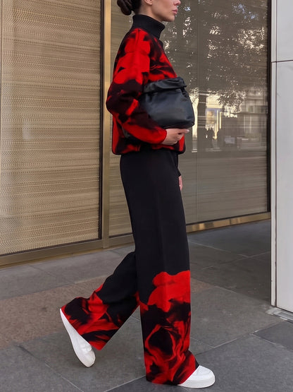 Flower Print Contrast Color Loose Long Sleeves High-neck Sweatshirt Tops