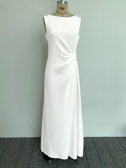 Sleeveless Gauze Pleated Solid Color Split-Joint Round-Neck Evening Dresses Maxi Dresses