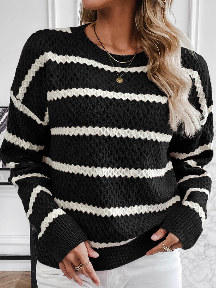 Striped Split-Joint Contrast Color Loose Long Sleeves Round-Neck Sweater Tops Pullovers