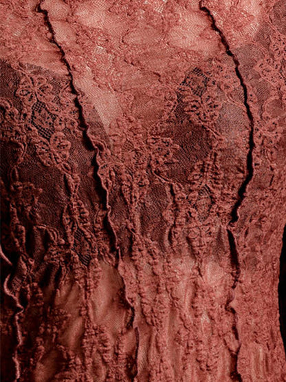 Irregularity Long Sleeves See-Through Split-Joint Textured Round-Neck T-Shirts Tops