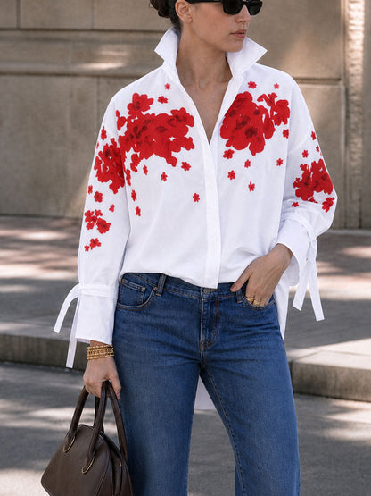Tied Split-Joint Flower Print Buttoned Loose Long Sleeves V-neck Blouses&shirts Tops