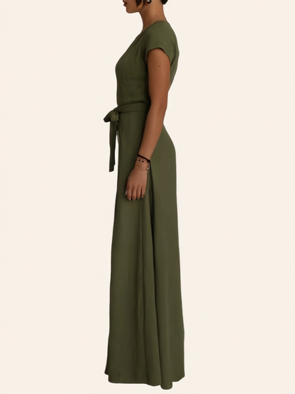High Waisted Short Sleeves Pleated Pockets Solid Color Tied Waist V-Neck Jumpsuits